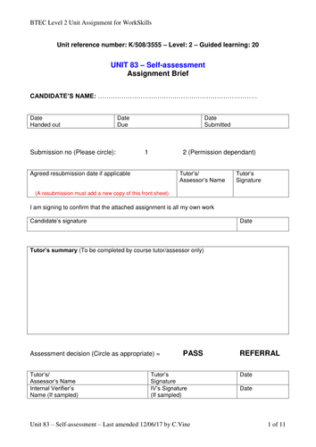 BTEC - Unit 83 (L2) Self-assessment - WorkSkills Assignment
