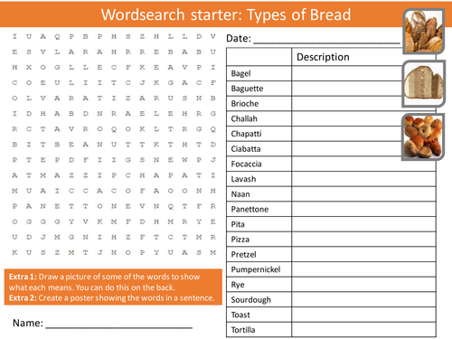 Food Technology Types of Bread Keywords KS3 GCSE Starter Activities Wordsearch, Crossword Cover