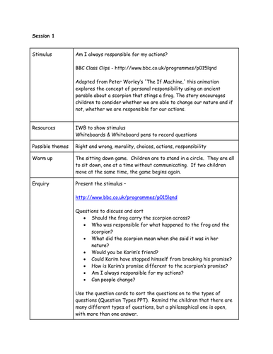 P4C enquiry plans & stimulus on theme of Right & Wrong, Consequences, Responsibility and Choices