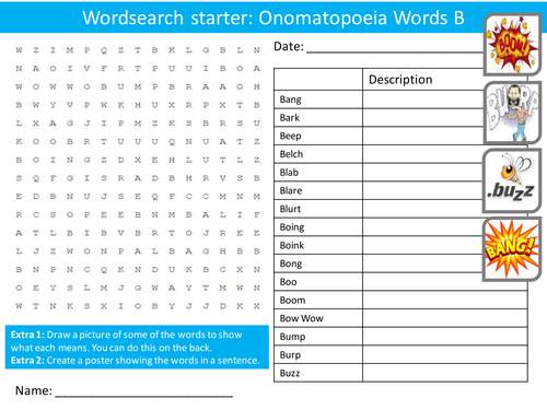 English Onomatopoeia Keyword Wordsearch Crossword Anagrams Brainstormer