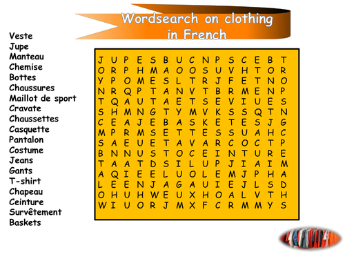 Wordsearch on clothes in French
