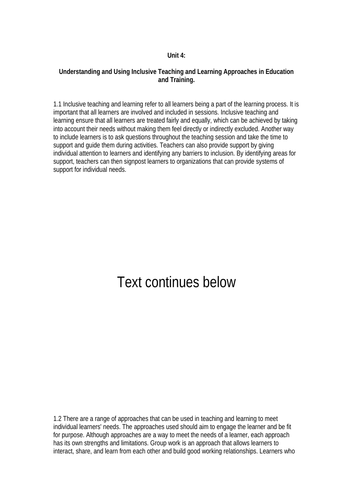 PTLLS Unit 4:  Understanding and Using Inclusive Teaching and Learning Approaches in Education and T