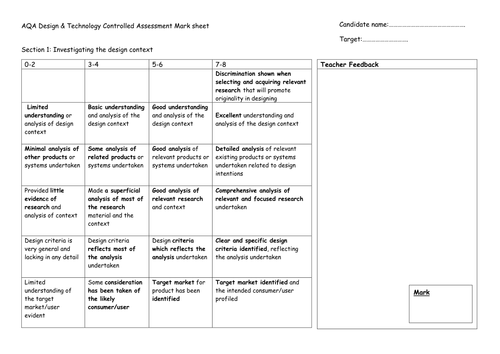 AQA Investigating the Design Context - Feedback - Assessment