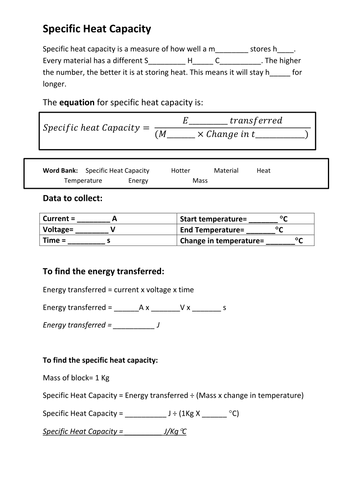 Specific Heat Capacity worksheet