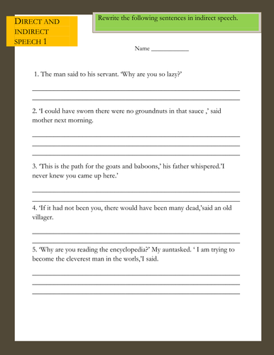 worksheet for direct and indirect speech for class 5