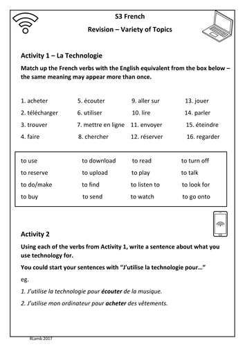 French - Revision Worksheet: Technology, Town, Family and School