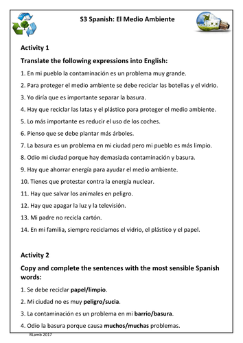 Spanish - Environment Worksheet