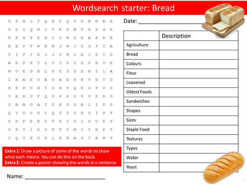 Food Technology Bread Keywords KS3 GCSE Starter Activities Wordsearch, Crossword Cover