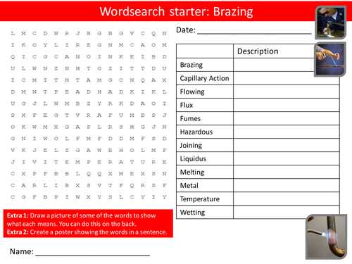 Design Technology Brazing Starter Activities Wordsearch, Anagrams Crossword Cover Lesson