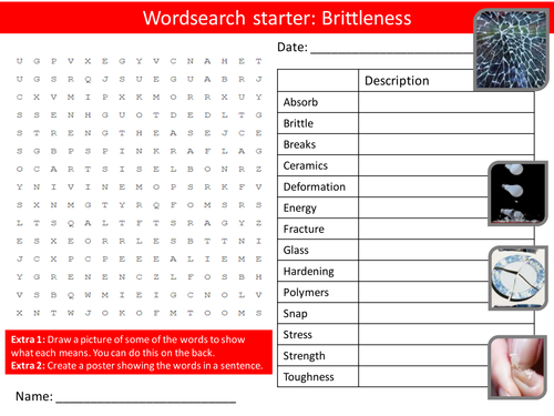 Design Technology Brittleness Starter Activities Wordsearch, Anagrams Crossword Cover Lesson