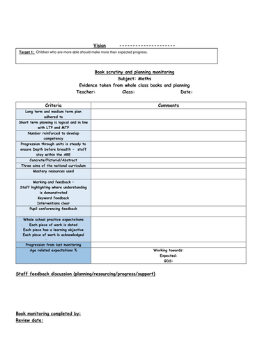 Maths book and planning monitoring proforma linked to NC Main aims