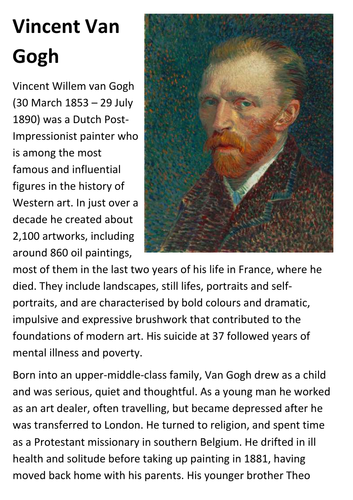 Vincent Van Gogh Handout | Teaching Resources
