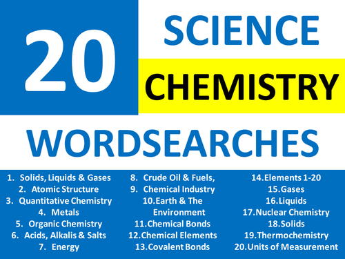 20 Wordsearches Science Chemistry Literacy Brainstormers Cover Homework Plenary Starter