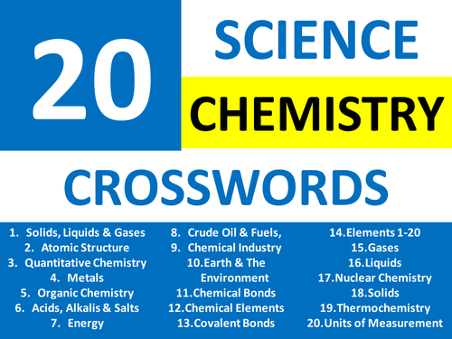 20 Crosswords Science Chemistry Literacy Brainstormers Cover Homework Plenary Starter