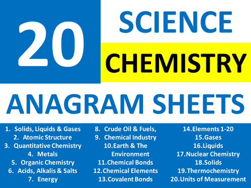 20 Anagram Sheets Science Chemistry Literacy Brainstormers Cover Homework Plenary Starter