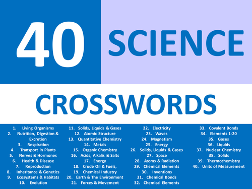 40 x Starter Crosswords Science Chemistry Physics Biology Crossword KS3 GCSE Cover Plenary