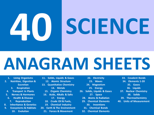 40 x Starter Anagram Sheets Science Chemistry Physics Biology Anagrams KS3 GCSE Cover Plenary