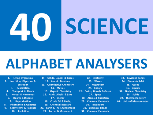 40 x Starter Alphabet Brainstorm Analysers Science Chemistry Physics Biology KS3 GCSE Cover Plenary