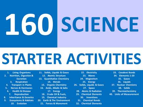 160 Starter Activities Science Chemistry Physics & Biology Keywords KS3 GCSE Cover Plenary Homework