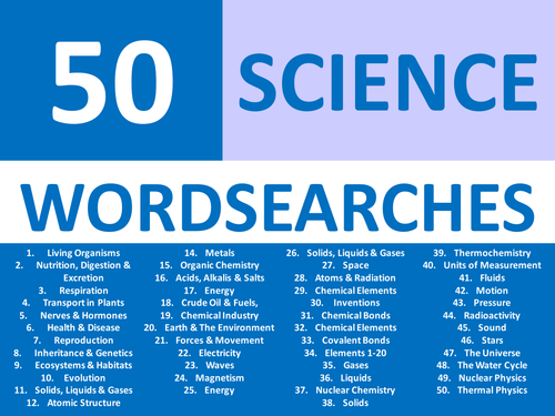 50 x Starter Wordsearches Science Chemistry Physics Biology Wordsearch KS3 GCSE Cover Plenary