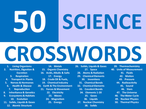50 x Starter Crosswords Science Chemistry Physics Biology Crossword KS3 GCSE Cover Plenary
