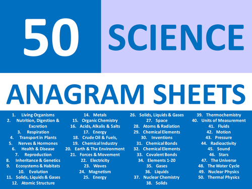 50 x Starter Anagram Sheets Science Chemistry Physics Biology Anagrams KS3 GCSE Cover Plenary