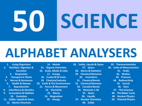 50 x Starter Alphabet Analysers Science Chemistry Physics Biology KS3 GCSE Cover Plenary