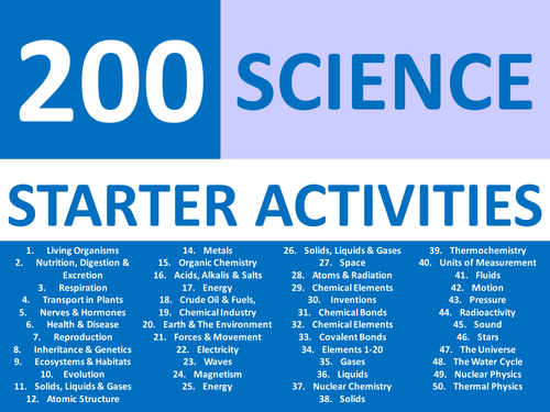 200 Starter Activities Science Chemistry Physics & Biology Keywords KS3 GCSE Cover Plenary Homework