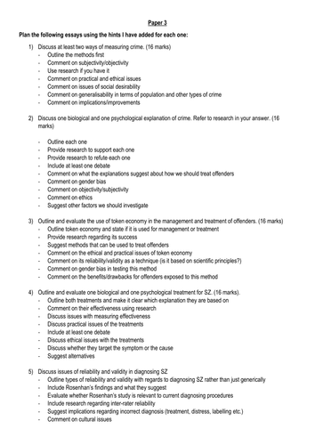Suggested 16 mark questions on SZ, gender and crime with hints as to what to include in plans/essays