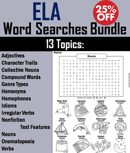 ELA Word Search Bundle: Reading Strategies, Vocabulary, Grammar