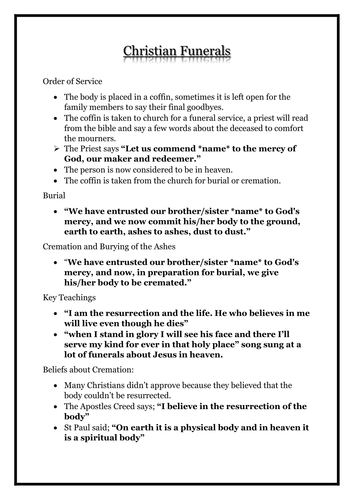 Christian Funeral Handout | Teaching Resources