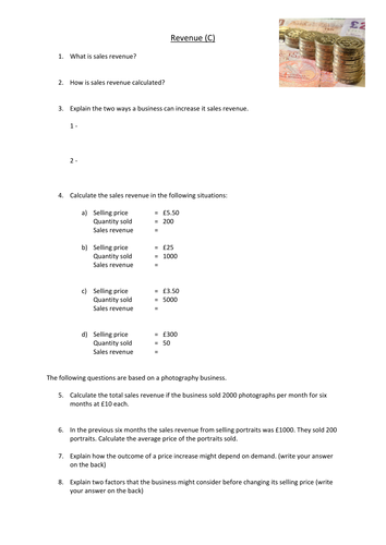 Worksheet on calculating revenue