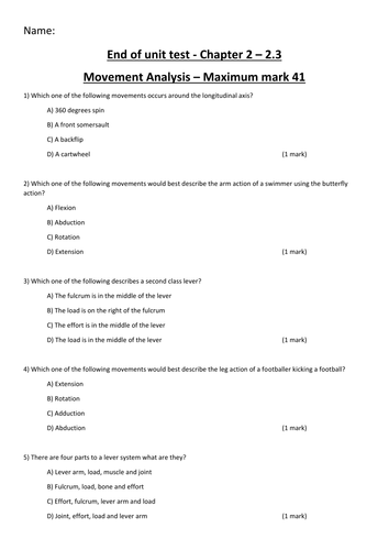 AQA GCSE PE - New Course 2016 - Movement analysis end of unit test