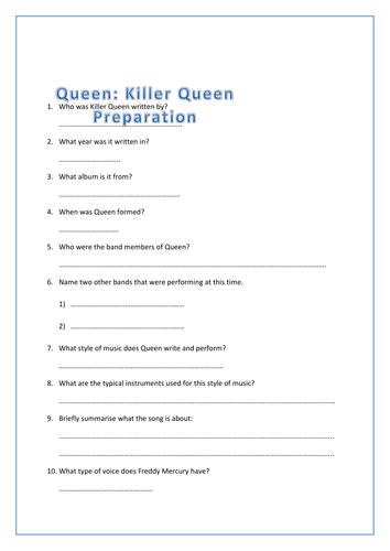Edexcel GCSE Music (9-1) Killer Queen: Preparation Questions