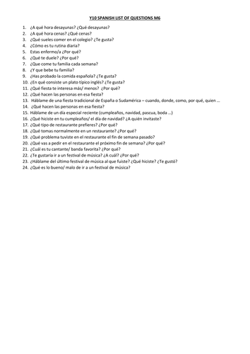 10 SPANISH VIVA M6: LIST OF QUESTIONS FOR SPEAKING EXAM (CONVERSATION PART)