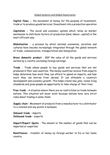 NEW Alevel geography - human glossary of key terms and definitions (global systems + gov)