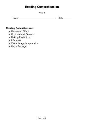 Reading Comprehension Tasks, English,  Year 4