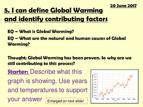 Global Warming; causes (natural and human), effects (negative and positive)