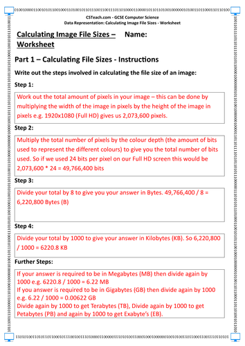 GCSE Computer Science - Calculating Image File Sizes - Worksheet