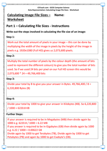 gcse computer science calculating image file sizes worksheet teaching resources