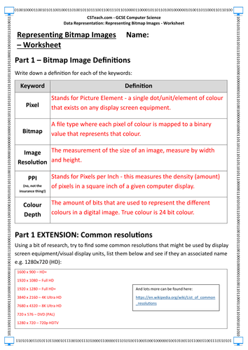GCSE Computer Science - Data Representation: Representing Bitmap Images - Worksheet