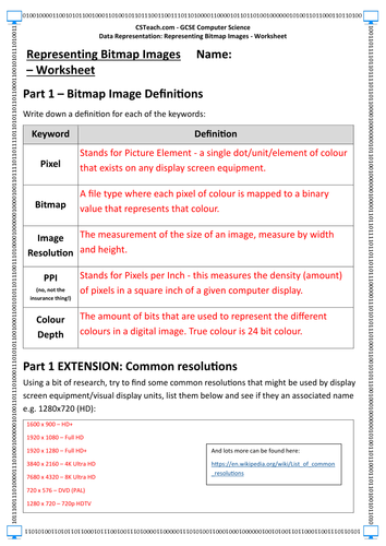 gcse computer science data representation representing bitmap images worksheet teaching resources