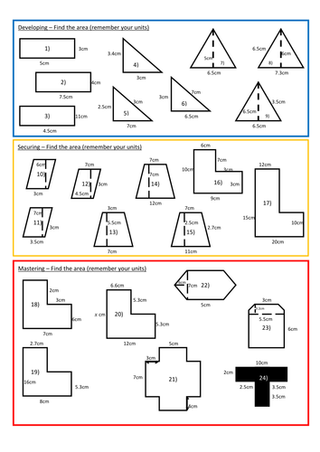 area of 2d shapes and compound shapes teaching resources