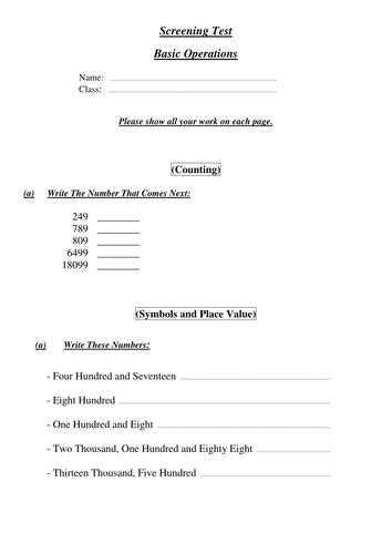 Screening test for Basic Arithmetic