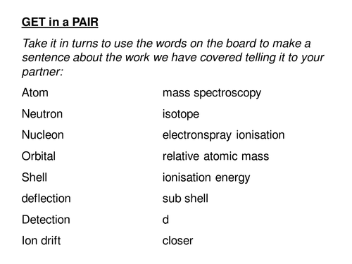 A level Chemistry Atomic Structure (Yr 12) Summary and review work with linked whole topic test