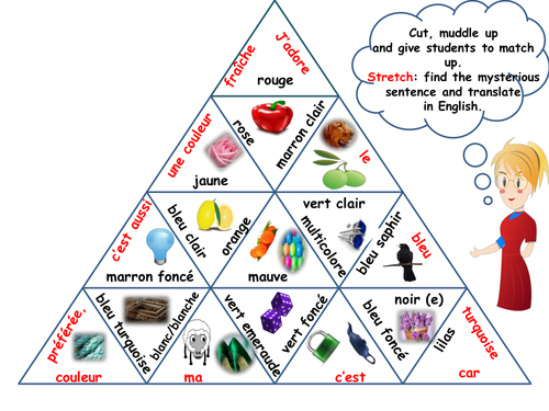 Tarsia game on colours in French with pictures