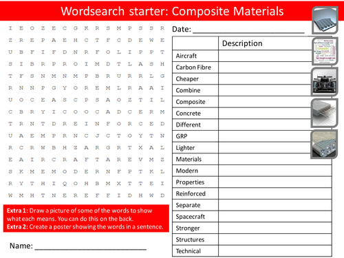 Design Technology Composite Materials Starter Activities Wordsearch, Anagrams Crossword Cover Lesson