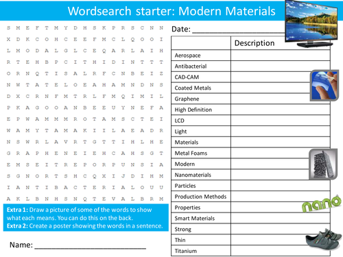 Design Technology Modern Materials Starter Activities Wordsearch, Anagrams Crossword Cover Lesson