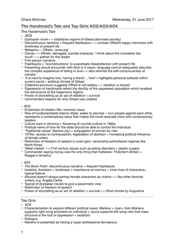 English A Level, Modern Times: The Handmaid's Tale + Top Girls AO2/3/4