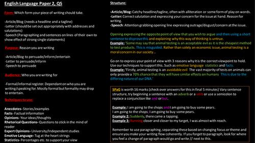 Ks4 Aqa English Language Paper 2 Question 5 Knowledge Organiser Teaching Resources